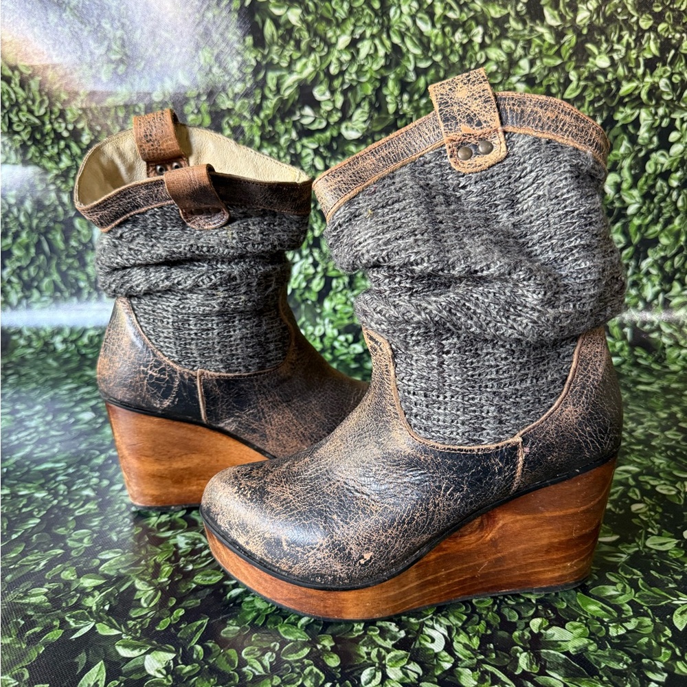 Bed Stu Charcoal Knit and Distressed Brown Wedges
